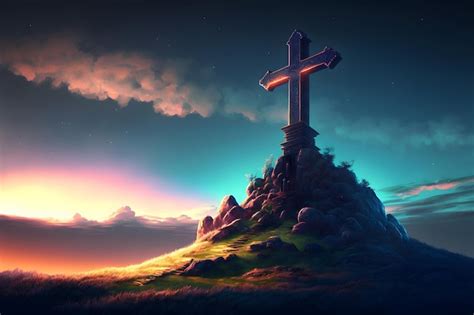 Premium Photo | Shining cross on calvary hill golgotha blue sky sunset cross is a symbol of ...