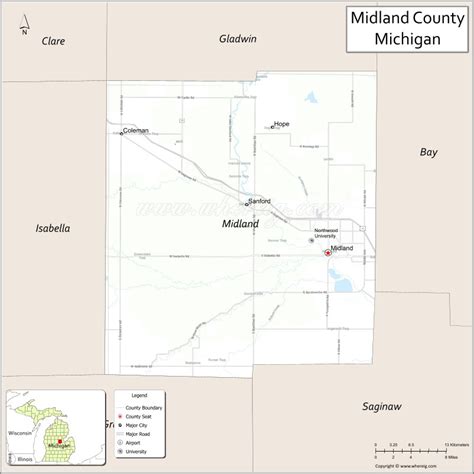 Map of Midland County, Michigan showing cities, highways & important ...