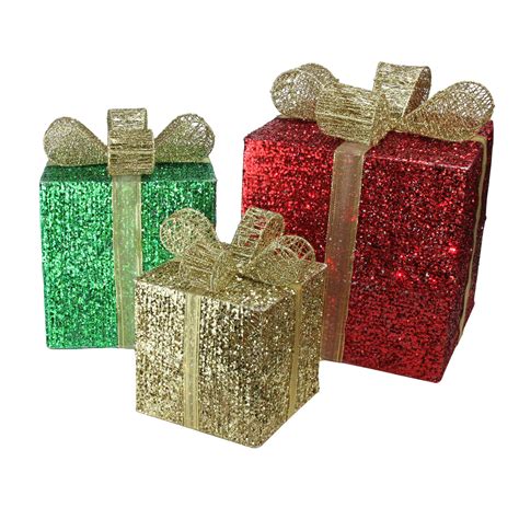 Set of 3 Lighted Glistening Prismatic Gift Box Christmas Outdoor ...