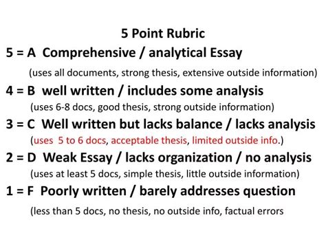 PPT - 5 Point Rubric 5 = A Comprehensive / analytical Essay PowerPoint ...