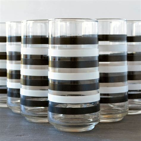 Mod Drinking Glass Set - Black and White Stripe Cooler Glass - Vintage Glass Tumbler Barware Set ...