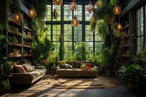 Interior of a cozy living room in a loft style with green plants ...