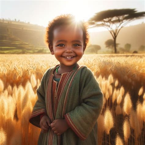 Ethiopian Kid in Traditional Clothing Smiling in Teff Field | AI Art Generator | Easy-Peasy.AI