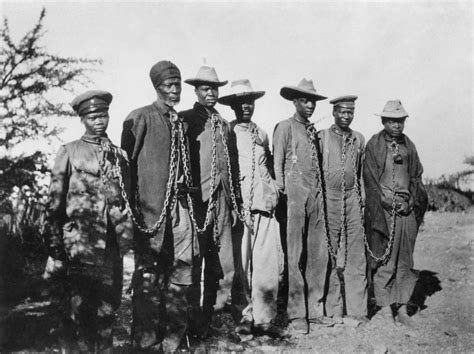 Herero people put in chains by German colonial forces during the Herero and Namaqua genocide ...