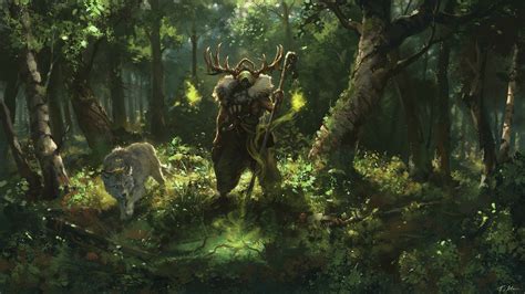Druid and Wolf Fantasy HD Wallpaper by Teemu Husso