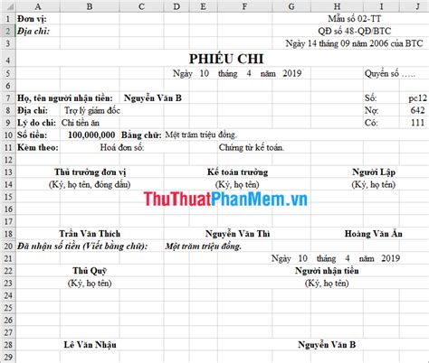 Mẫu phiếu chi tiền mặt Excel