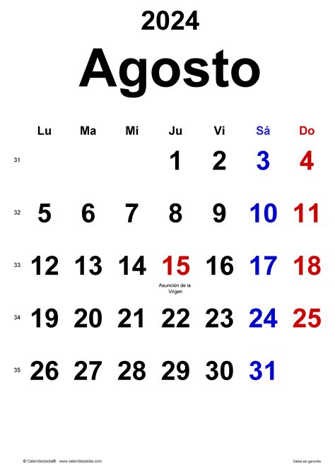 Calendario agosto 2024 en Word, Excel y PDF - Calendarpedia