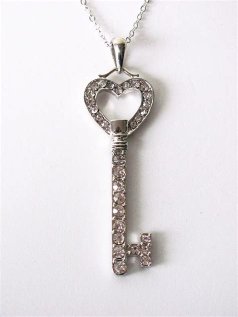 Heart Key Pendant CZ Stones Necklace Silver Tone Designer's Touch