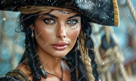 Premium Photo | Female pirate ship captain in hat and makeup