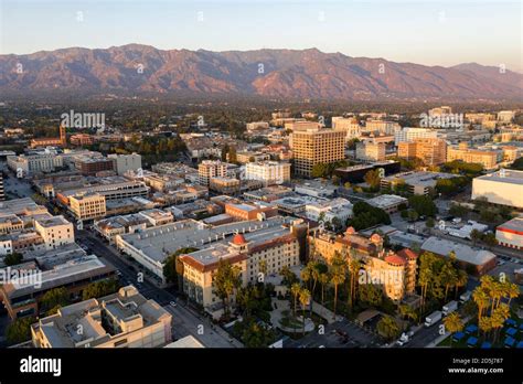 Aerial view of downtown Pasadena, California at sunset with the San ...