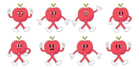 Set apple cartoon stickers with funny comic characters, gloved hands ...