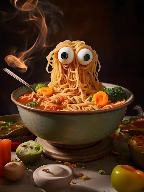 Premium AI Image | Surreal food photography with eyes on a bowl of noodles Generative AI