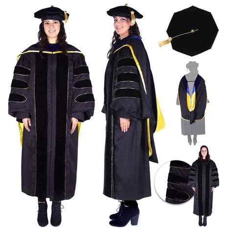 Premium Doctoral Gown, 8-sided Cap / Tam, & PhD Hood Regalia Set