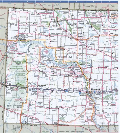 Map of North Dakota,Free highway road map ND with cities towns counties