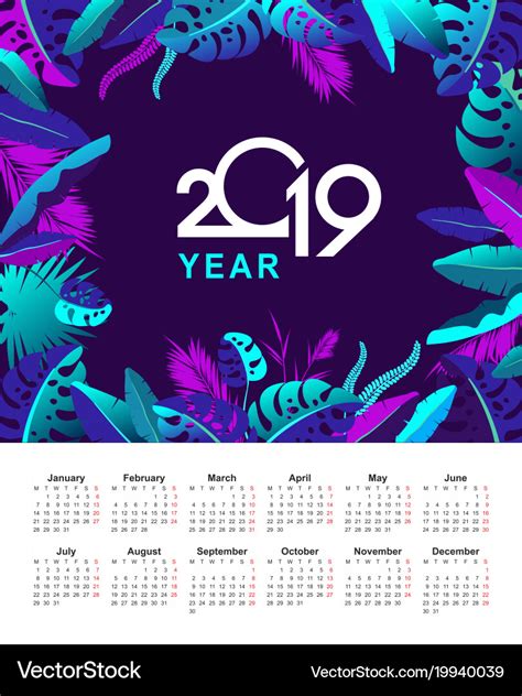 Tropical calendar 2019 year Royalty Free Vector Image