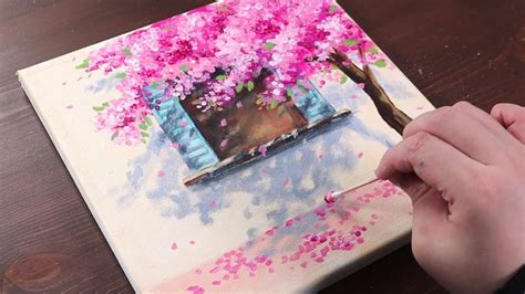 Cherry blossom house / Easy acrylic painting for beginners / PaintingTutorial / Painting ASMR ...