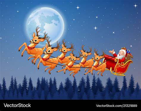 Santa claus rides reindeer sleigh flying in the sk