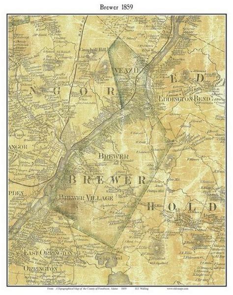 Brewer, Maine 1859 Old Town Map Custom Print - Penobscot Co. | Town map, Penobscot, Old maps