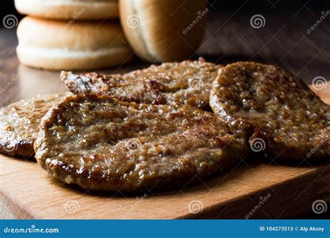 Juicy Hamburger Patties on Wooden Surface. Stock Image - Image of cooked, closeup: 104273513