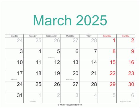 March 2025 Calendar Printable with Holidays | Whatisthedatetoday.Com