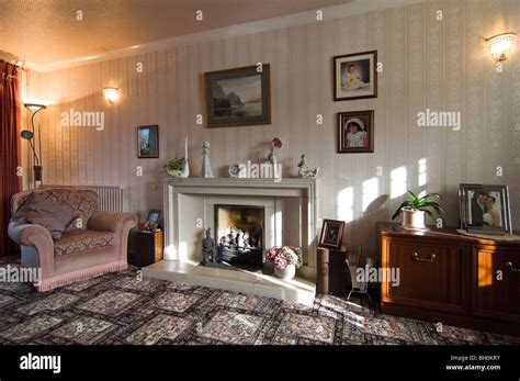 Horizontal wide angle interior of a traditional old-fashioned lounge ...