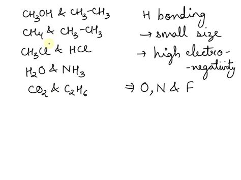 SOLVED: Which pair of molecules interacts through hydrogen bonding? CH3OH and CH3CH3 CH4 and ...