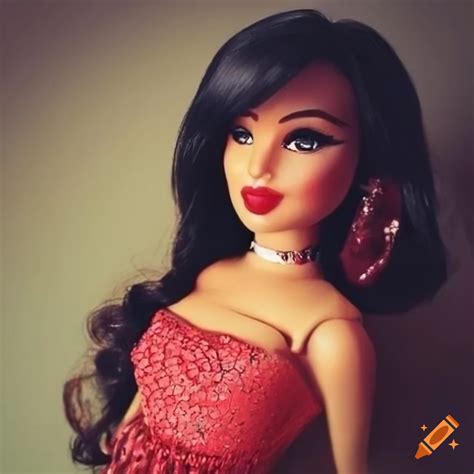 Red-dressed doll with foxy eyes and 50s hairstyle