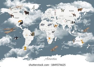 Animals World Map Kids Wallpaper Design Stock Illustration 1849374625 ...