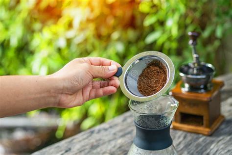 Drip Coffee, Close Up of Coffee Brewing on Wooden Bar Counter Stock Photo - Image of bottomless ...