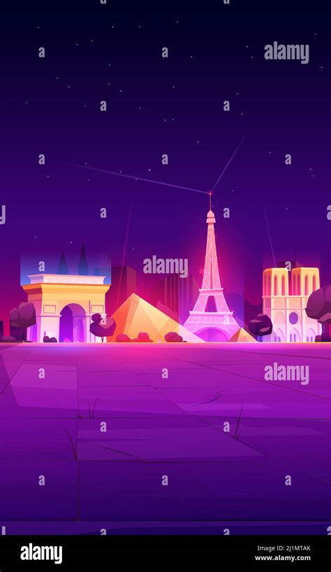 FEBRUARY 12, 2020. Vector cartoon nighttime illustration of Paris landmarks, Eiffel Tower ...