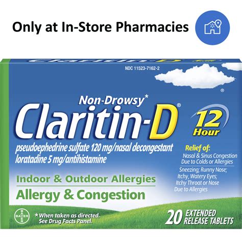 Claritin-D Allergy Medicine, 12 Hour Non-Drowsy Allergy & Nasal Congestion Tablet, 20 Ct ...