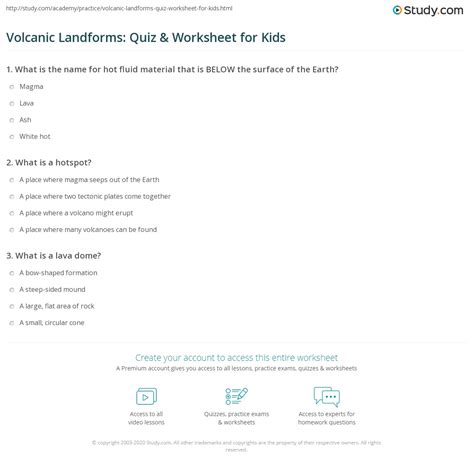 Volcanic Landforms: Quiz & Worksheet for Kids | Study.com - Worksheets Library