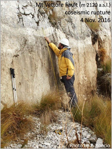 Measuring about 2 meters of surface rupture on the Mt Vettore fault ...