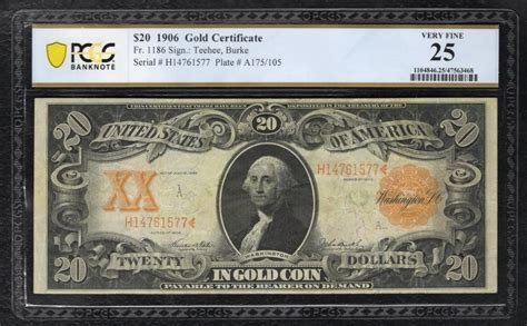 1906 US 20 Dollar Gold Certificate Note Currency Money W/ George ...