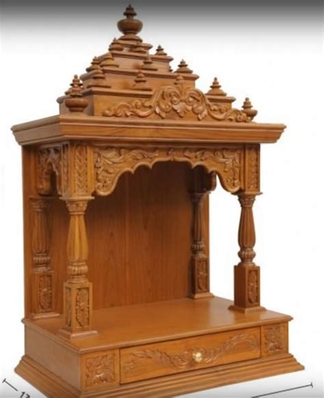 a wooden shrine with carvings on the front and sides, measurements for each piece shown