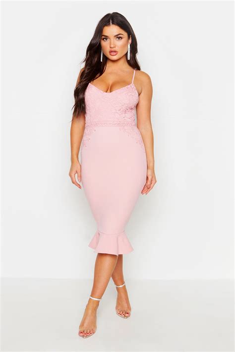 Lace Panel Ruffle Hem Midi Dress | boohoo | Pink midi dress, Dresses, Pretty quinceanera dresses