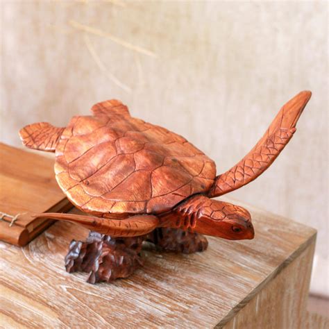 Wood Sea Turtle Sculpture from Bali - Swimming Sea Turtle | NOVICA