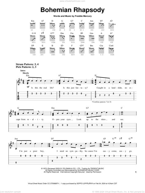 Bohemian Rhapsody sheet music (easy) for guitar solo (chords)