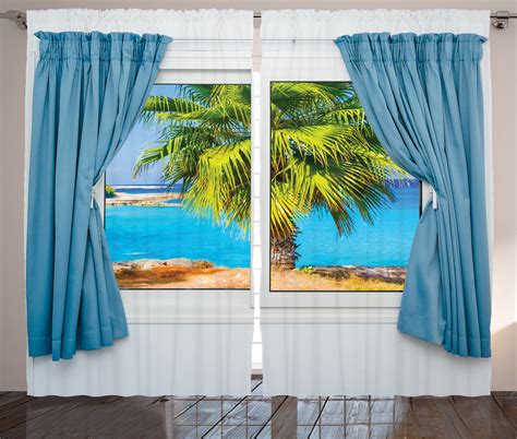 Image of Window View Tropical Beach Palm Ocean Art Picture Curtain 2 Panels Set | eBay