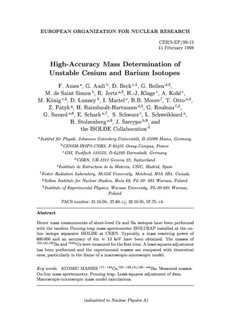 (PDF) High-accuracy mass determination of unstable cesium and barium ...