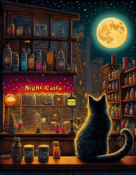 "Night Cafe". ☕️🌝🐈‍⬛ - AI Generated Artwork - NightCafe Creator