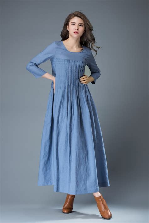 Blue Linen Dress Spring Blue Dress Maxi Dress C811