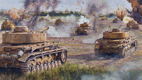 HD wallpaper: six brown tanks painting, field, war, figure, art, A IV ...