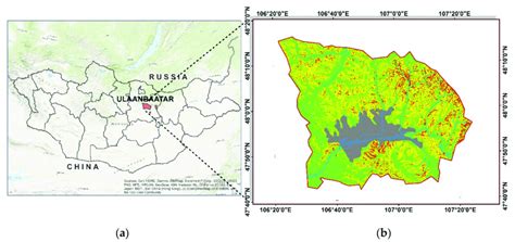 Map of the study area. (a) Location of Ulaanbaatar city; (b) area... | Download Scientific Diagram