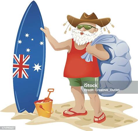 Australian Santa Clause On A Beach With Surfboard Stock Illustration ...