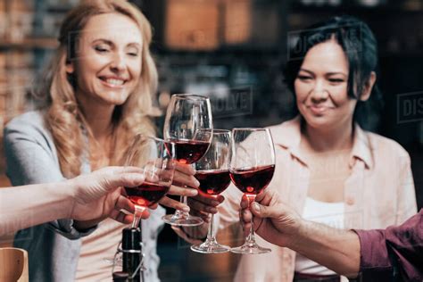 Beautiful happy multiethnic women drinking red wine with friends - Stock Photo - Dissolve