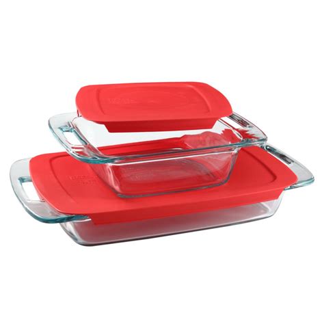 Pyrex Easy Grab 3 qt. and 8 in. x 8 in. 4-Piece Glass Bakeware Set with Red Lids-1091675 - The ...