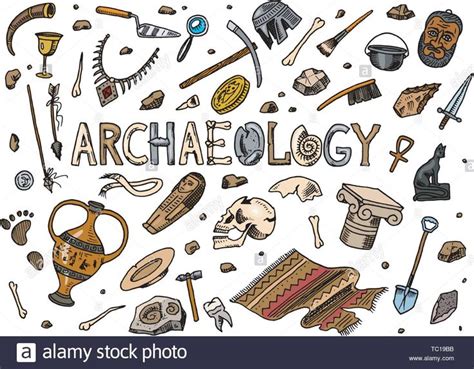 Set of archeology tools, science equipment, artifacts. Excavated ...