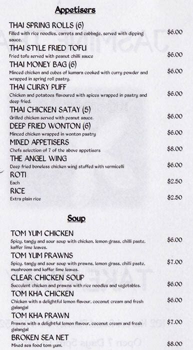 Jasmine Thai Takeaway Menu, Menu for Jasmine Thai Takeaway, Karori, Wellington City - Menumania ...