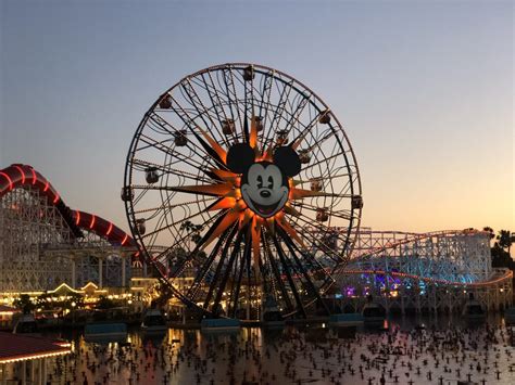 an amusement park with a ferris wheel at dusk